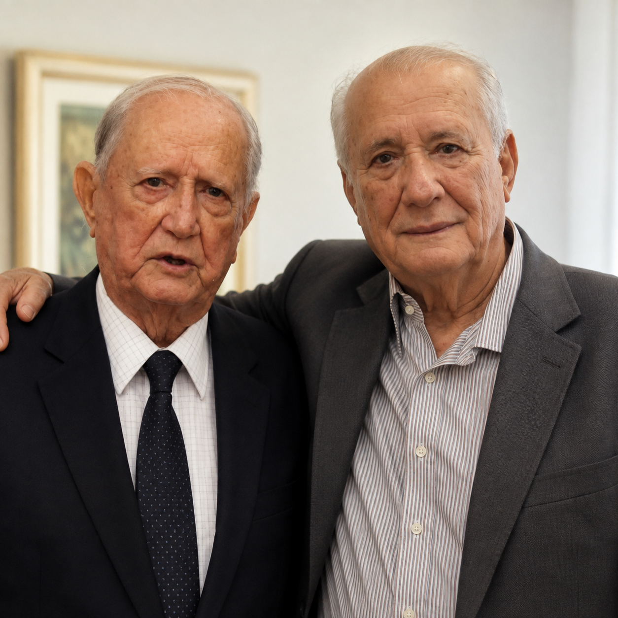 Dois homens lado a lado, em um abraço
