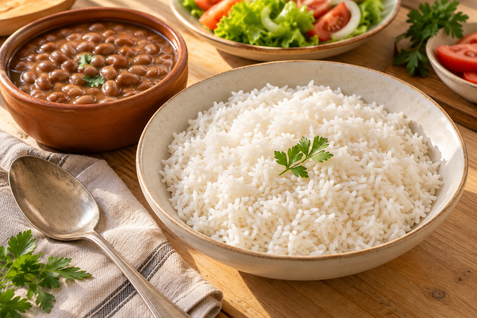 Sugestão de refeição com arroz branco soltinho e feijão carioca